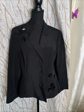 Black Women's Floral Embellished Silk Blazer Jacket